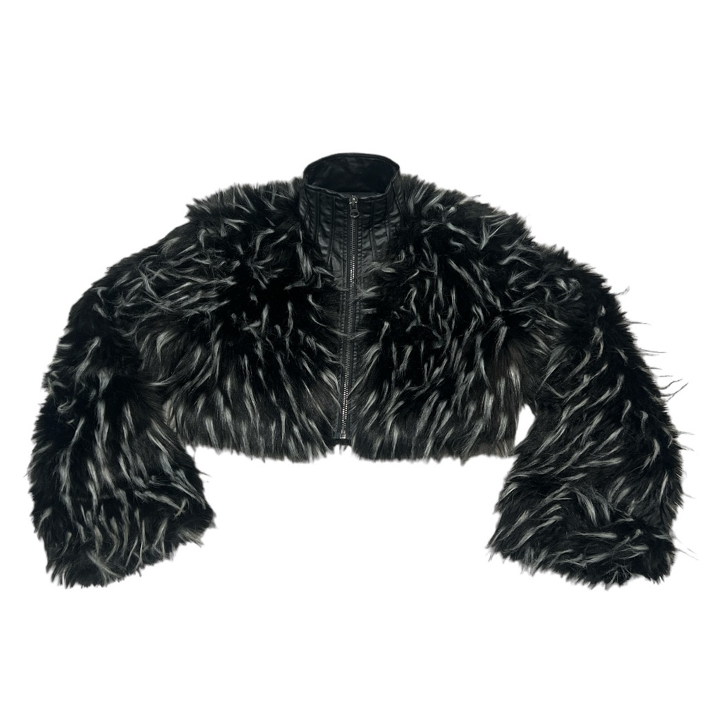 Punk Rave Gothic Black White Cropped Fur Jacket - Picture 6 of 15